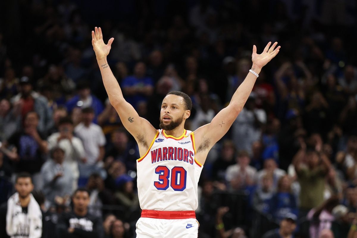 Feb 27, 2025; Orlando, Florida, USA; Golden State Warriors guard Stephen Curry (30) celebrates after a basket against the Orlando Magic in the fourth quarter at Kia Center. Mandatory Credit: Nathan Ray Seebeck-Imagn Images