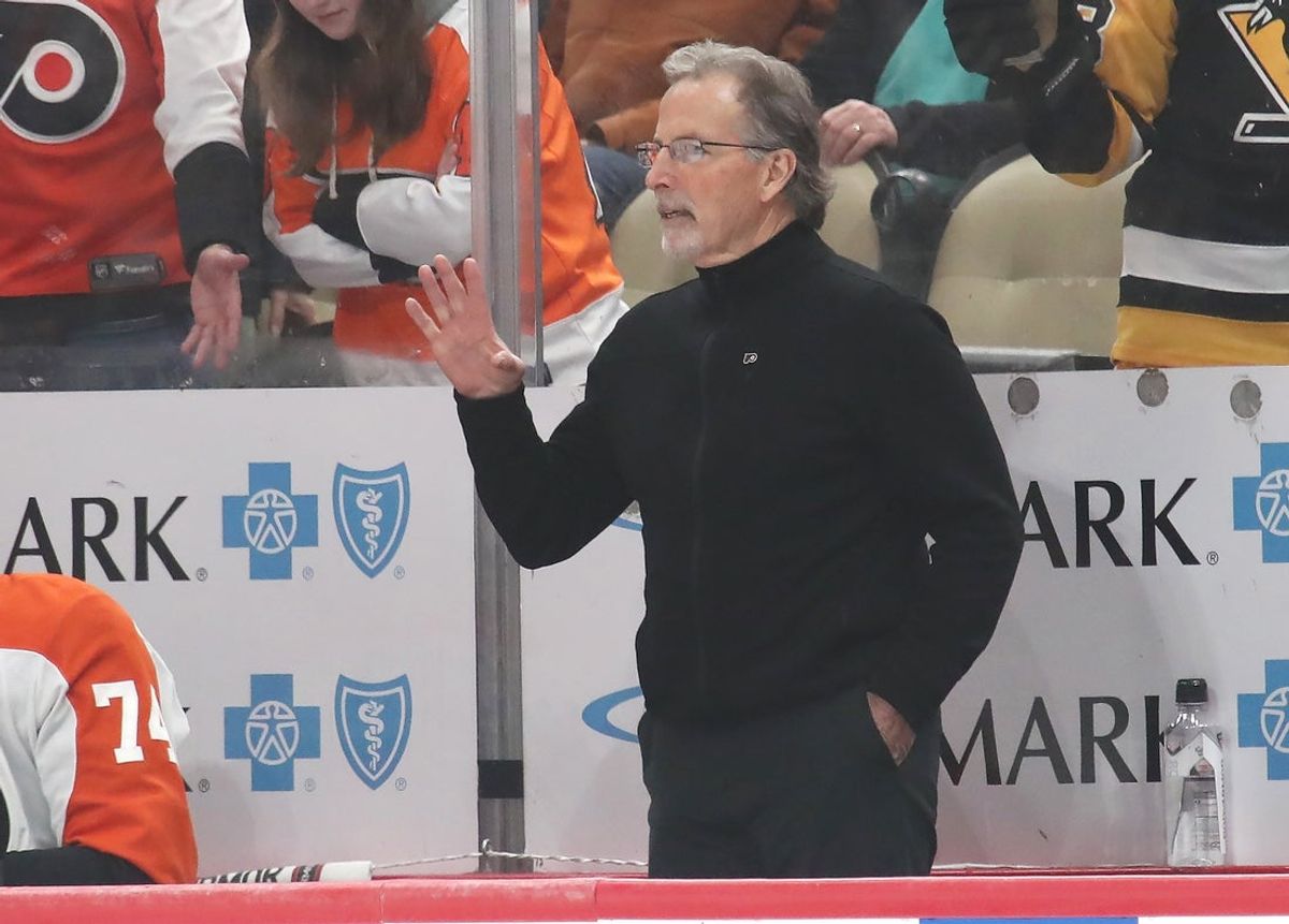 Feb 27, 2025; Pittsburgh, Pennsylvania, USA;  Philadelphia Flyers head coach John Tortorella reacts on the bench against the Pittsburgh Penguins during the second period at PPG Paints Arena. Mandatory Credit: Charles LeClaire-Imagn Images