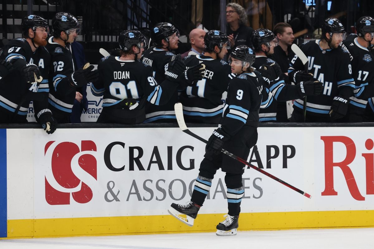Feb 27, 2025; Salt Lake City, Utah, USA; Utah Hockey Club center Clayton Keller (9) reacts to a goal against the Minnesota Wild during the third period at Delta Center. Mandatory Credit: Rob Gray-Imagn Images