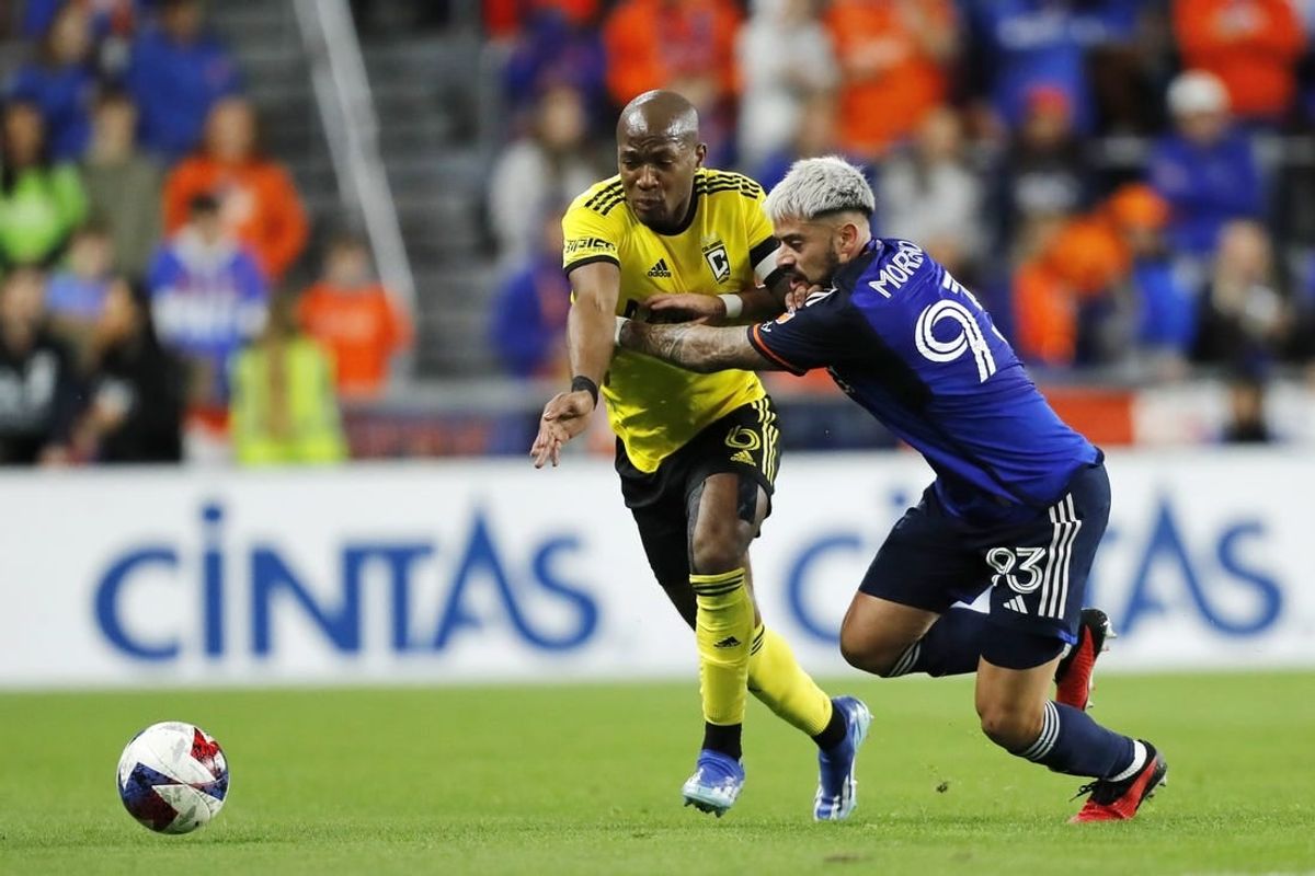 Dec 2, 2023; Cincinnati, Ohio, USA; Columbus Crew midfielder Darlington Nagbe (6) battles for the ball against FC Cincinnati midfielder Junior Moreno (93) during the first half at TQL Stadium.