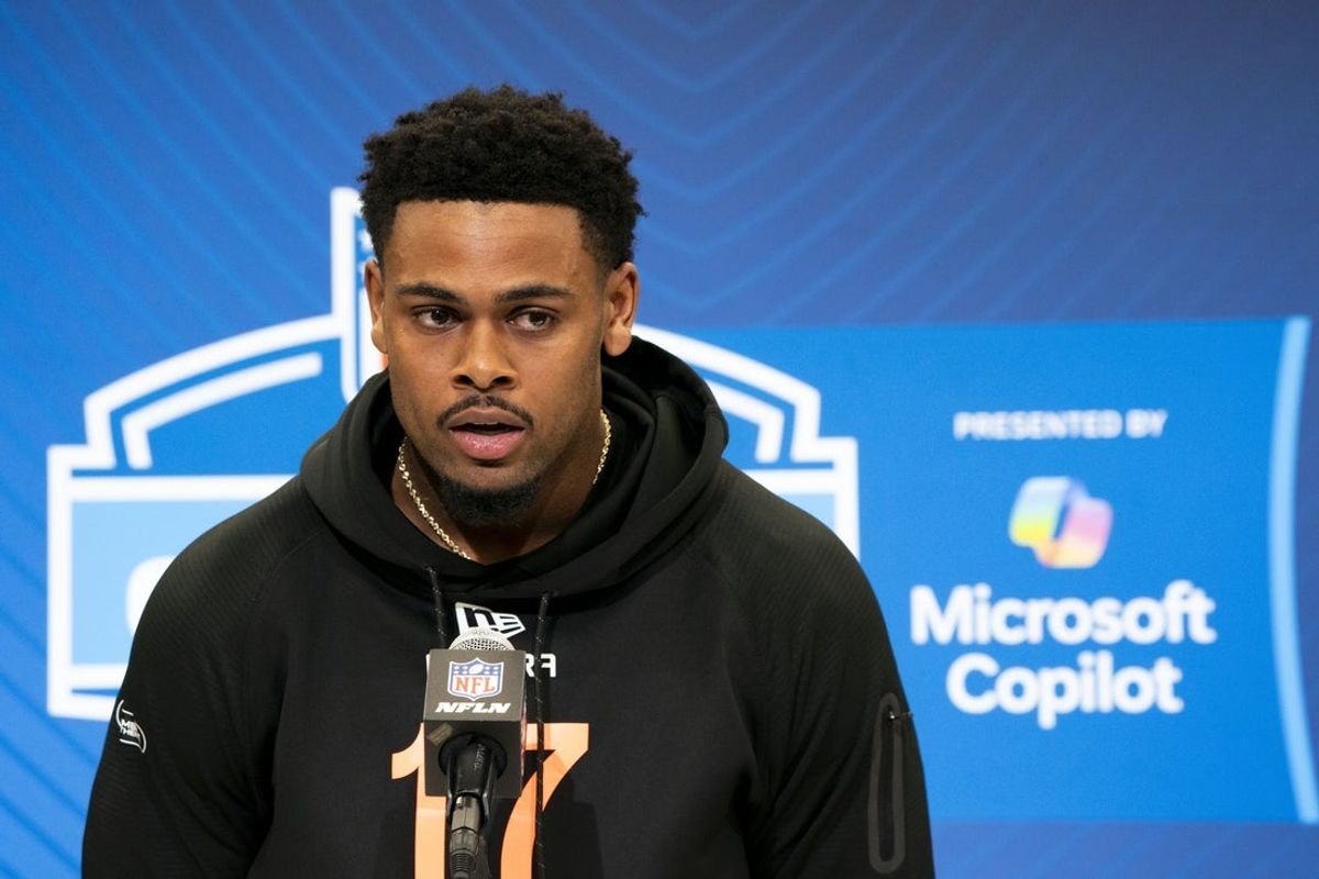Feb 28, 2025; Indianapolis, IN, USA; Mississippi wideout Tre Harris (WO17) answers questions at a press conference during the 2025 NFL Combine at Indiana Convention Center. Mandatory Credit: Stephanie Amador Blondet-Imagn Images
