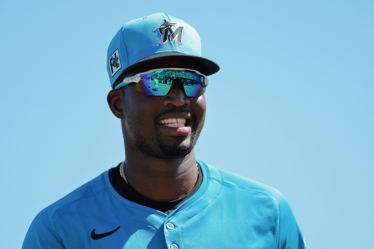 Feb 28, 2025; Jupiter, Florida, USA; Miami Marlins right fielder Jesus Sanchez (7) looks on against the Atlanta Braves during the second inning at Roger Dean Chevrolet Stadium. Mandatory Credit: Sam Navarro-Imagn Images