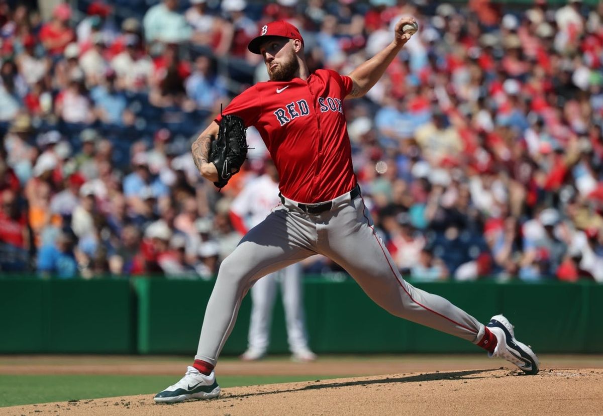 Feb 28, 2025; Clearwater, Florida, USA;  Boston Red Sox starting pitcher Garrett Crochet (35) throws a pitch during the first inning against the Philadelphia Phillies at BayCare Ballpark. Mandatory Credit: Kim Klement Neitzel-Imagn Images