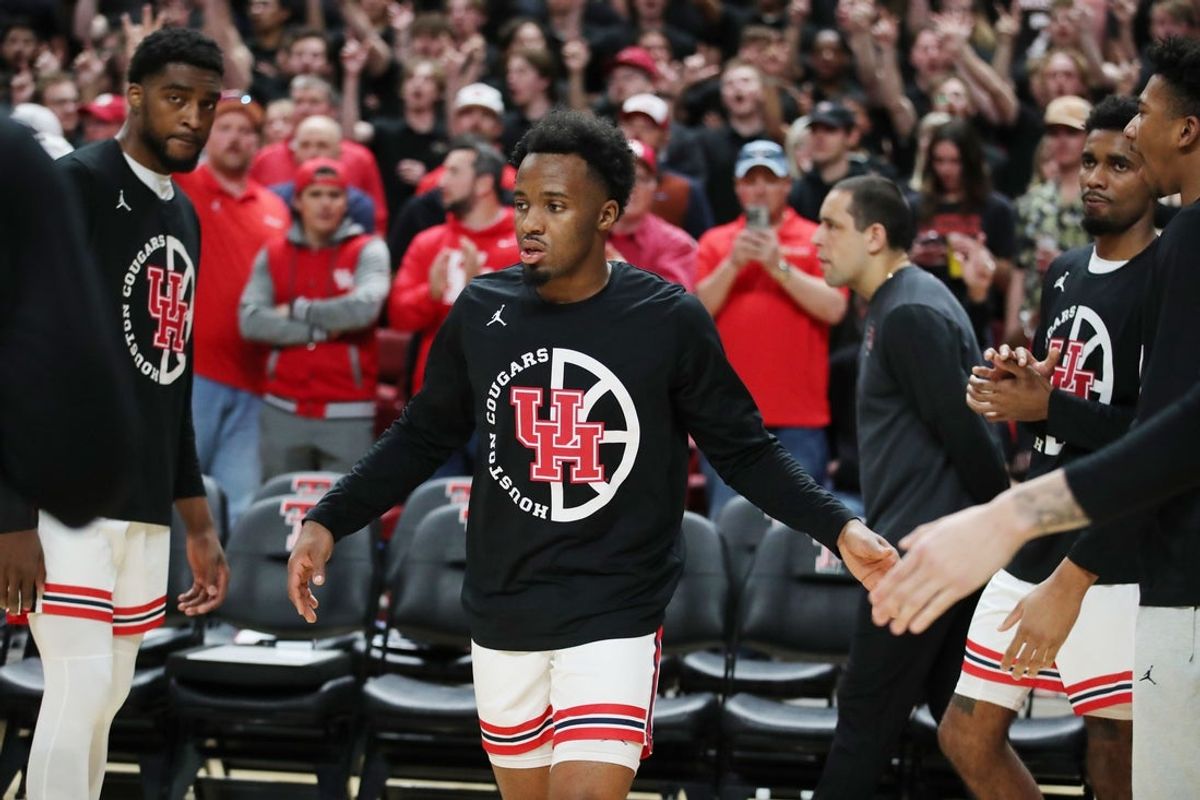 Feb 24, 2025; Lubbock, Texas, USA;  Houston Cougars guard LJ Cryer (4) during team introductions before the game against the Texas Tech Red Raiders at United Supermarkets Arena. Mandatory Credit: Michael C. Johnson-Imagn Images