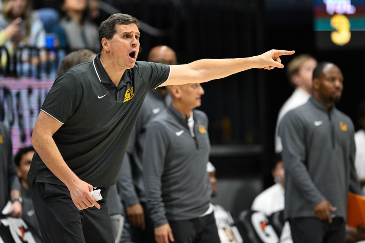 Feb 26, 2025; Berkeley, California, USA; California Golden Bears head coach Mark Madsen reacts against the SMU Mustangs in the second half at Haas Pavilion. Mandatory Credit: Eakin Howard-Imagn Images