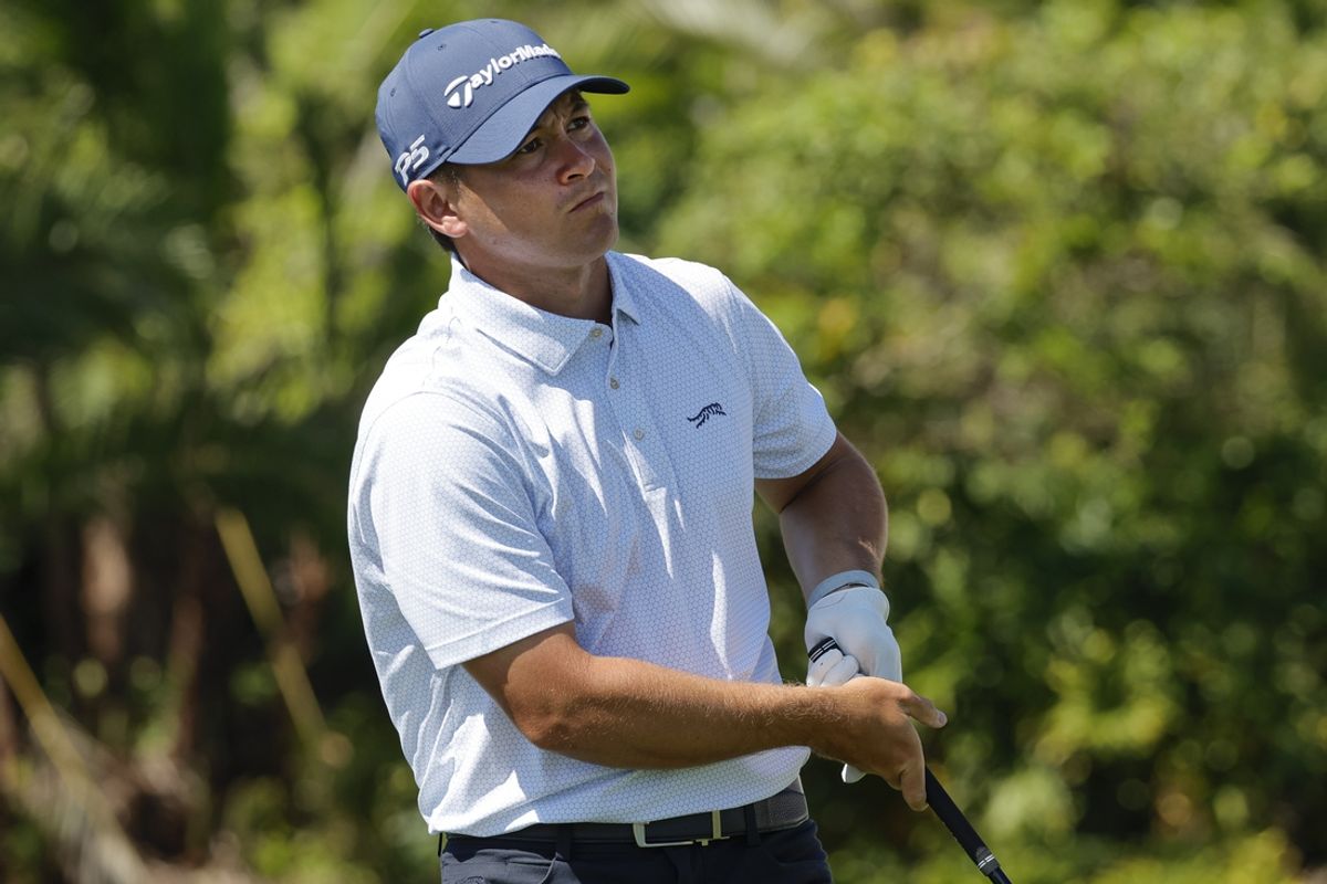 Feb 28, 2025; Palm Beach Gardens, Florida, USA; Karl Vilips plays his shot from the fifth tee during the second round of the Cognizant Classic in The Palm Beaches golf tournament. Mandatory Credit: Reinhold Matay-Imagn Images