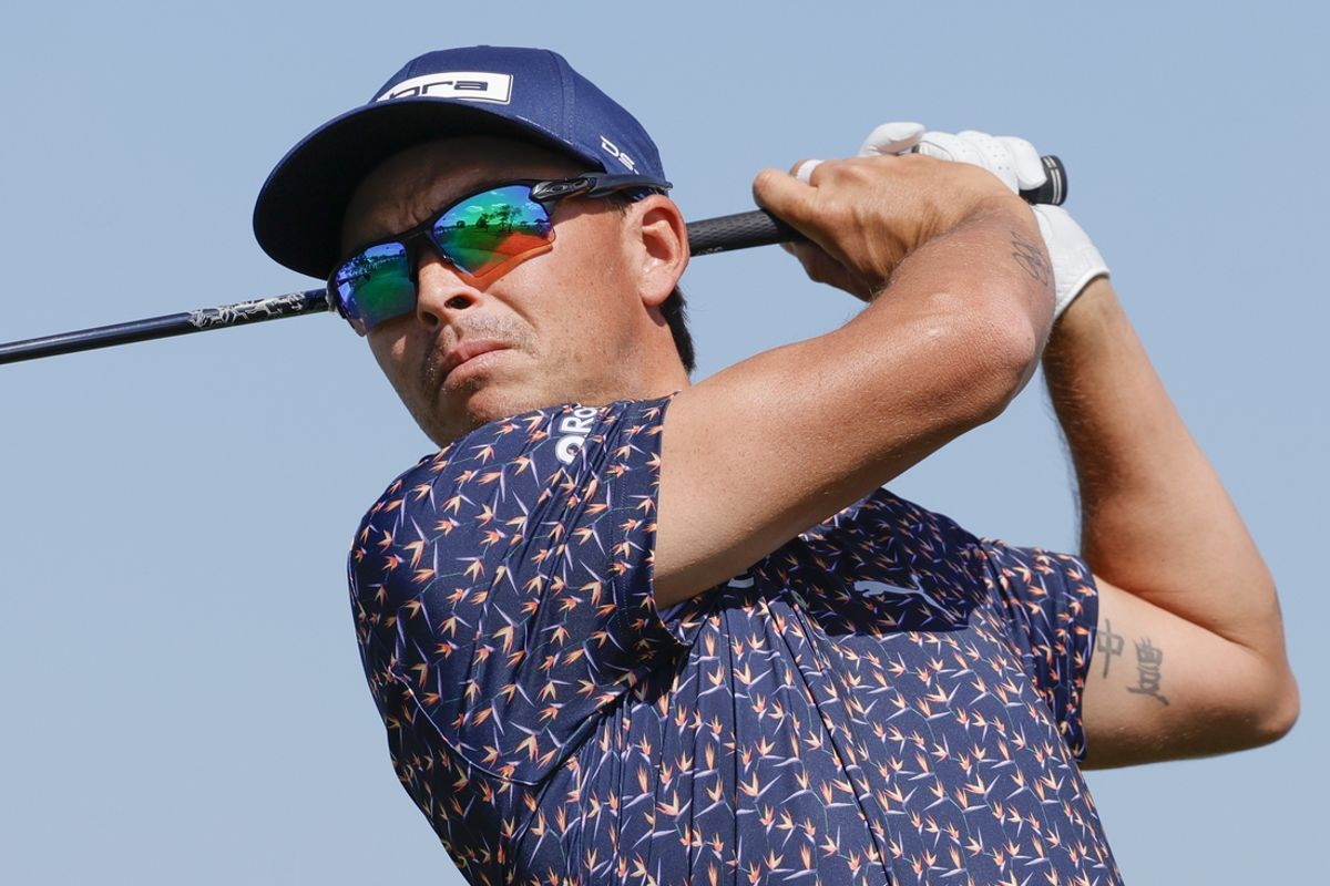 Feb 28, 2025; Palm Beach Gardens, Florida, USA;  Rickie Fowler plays his shot from the fourth tee during the second round of the Cognizant Classic in The Palm Beaches golf tournament. Mandatory Credit: Reinhold Matay-Imagn Images