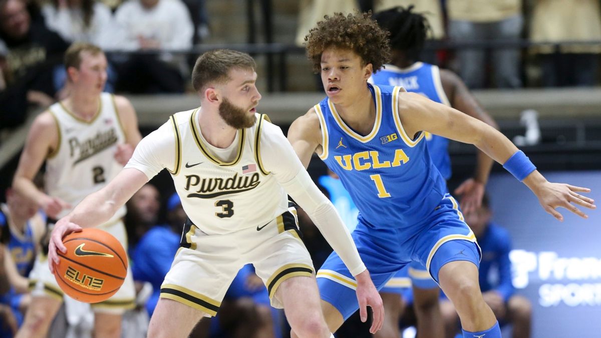 Purdue Boilermakers guard Braden Smith (3) is defended by UCLA Bruins guard Trent Perry (1) Friday, Feb. 28, 2025, during the NCAA men’s basketball game at Mackey Arena in West Lafayette, Ind.