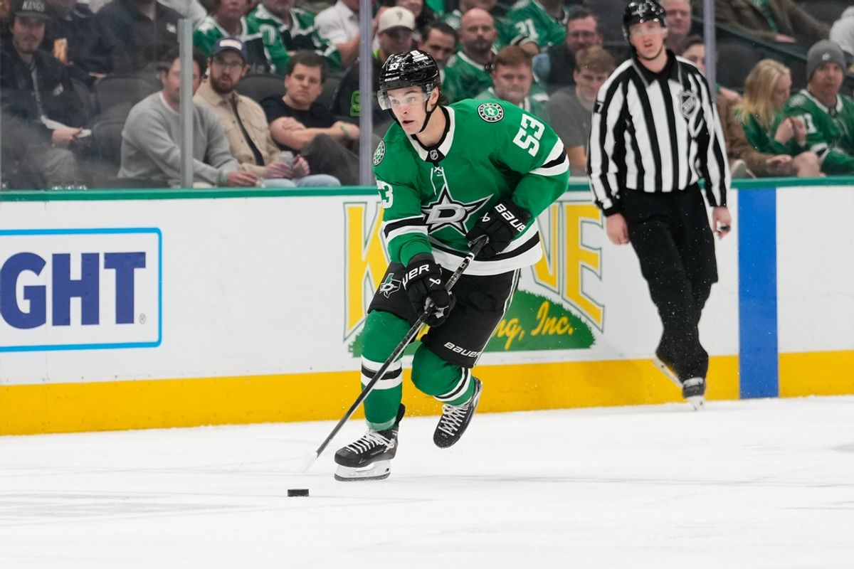 Feb 28, 2025; Dallas, Texas, USA;  Dallas Stars center Wyatt Johnston (53) skates with the puck against the Los Angeles Kings during the second period at American Airlines Center. Mandatory Credit: Chris Jones-Imagn Images