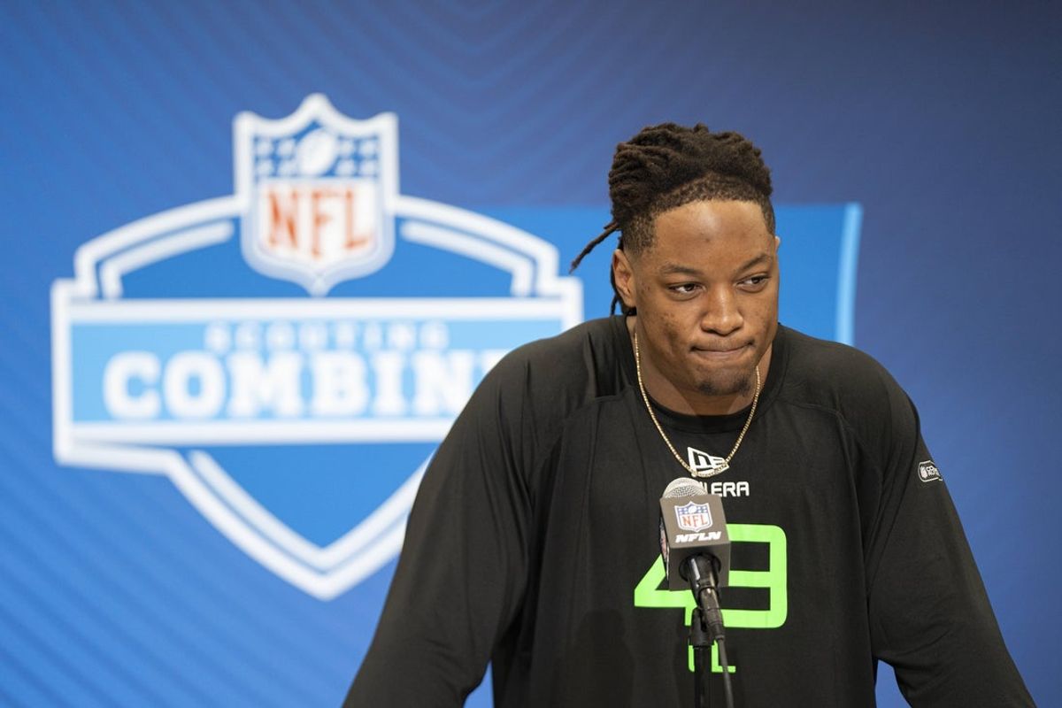 Mar 1, 2025; Indianapolis, IN, USA; University of Georgia offensive lineman Jared Wilson (OL49) answers questions at a press conference during the 2025 NFL Combine at Indiana Convention Center. Mandatory Credit: Jacob Musselman-Imagn Images