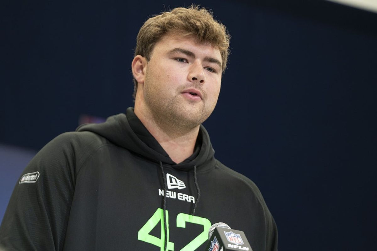 Mar 1, 2025; Indianapolis, IN, USA; Boston College offensive lineman Ozzy Trapilo (OL42) answers questions at a press conference during the 2025 NFL Combine at Indiana Convention Center. Mandatory Credit: Jacob Musselman-Imagn Images