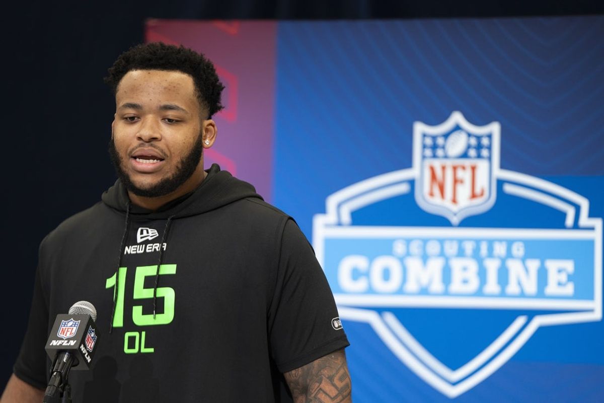 Mar 1, 2025; Indianapolis, IN, USA; Louisiana State University offensive lineman Miles Frazier (OL15) answers questions at a press conference during the 2025 NFL Combine at Indiana Convention Center. Mandatory Credit: Jacob Musselman-Imagn Images