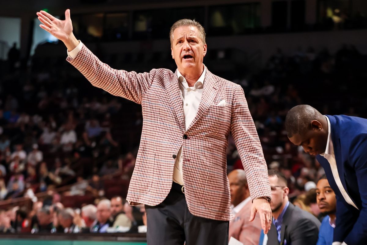 Mar 1, 2025; Columbia, South Carolina, USA; Arkansas Razorbacks head coach John Calipari directs his team against the South Carolina Gamecocks in the first half at Colonial Life Arena. Mandatory Credit: Jeff Blake-Imagn Images