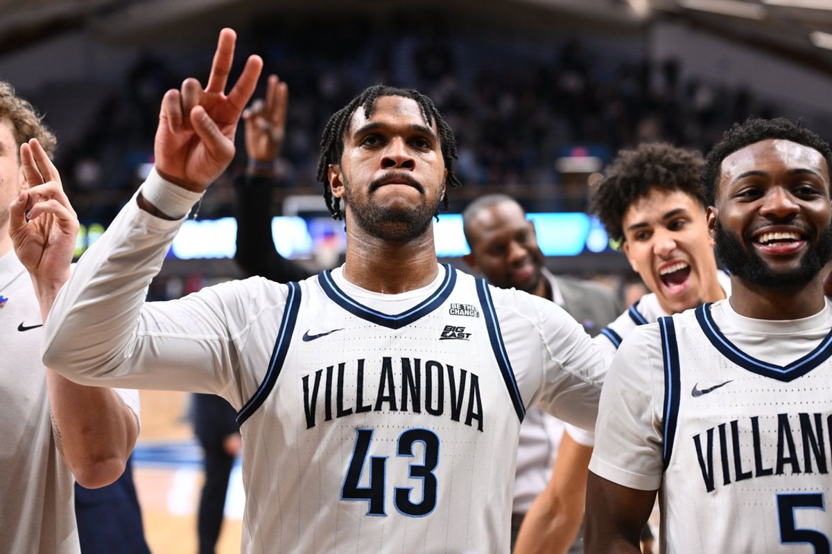Mar 1, 2025; Villanova, Pennsylvania, USA; Villanova Wildcats forward Eric Dixon (43) celebrates with teammates after the game against the Butler Bulldogs at William B. Finneran Pavilion. Mandatory Credit: Kyle Ross-Imagn Images