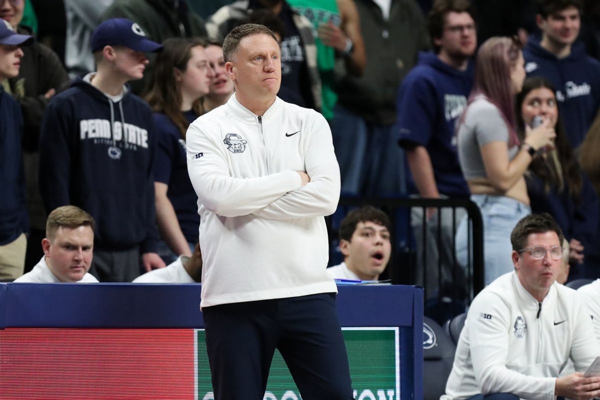 Mar 1, 2025; University Park, Pennsylvania, USA; Penn State Nittany Lions head coach Mike Rhoades looks on from the bench during the first half against the Maryland Terrapins at Bryce Jordan Center. Mandatory Credit: Matthew O'Haren-Imagn Images