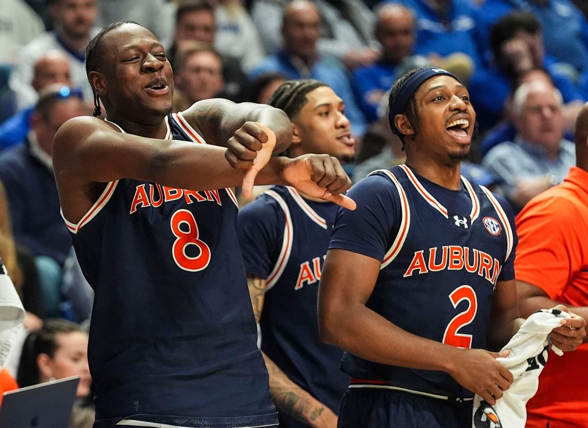 Auburn Tigers forward Ja'Heim Hudson (8), left and Auburn Tigers guard Denver Jones (2) react as the Tigers take the lead against Kentucky in SEC basketball at Rupp Arena Saturday afternoon in Lexington, Kentucky March 1, 2025