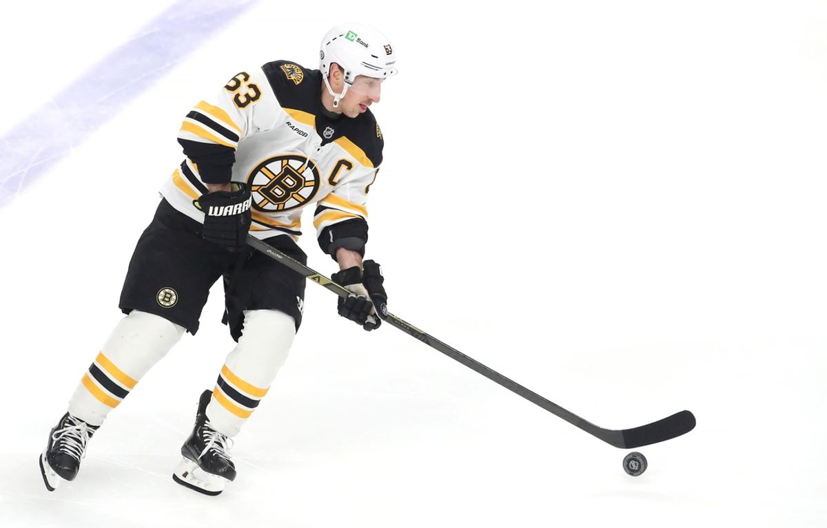 Mar 1, 2025; Pittsburgh, Pennsylvania, USA;  Boston Bruins left wing Brad Marchand (63) warms up against the Pittsburgh Penguins at PPG Paints Arena. Mandatory Credit: Charles LeClaire-Imagn Images