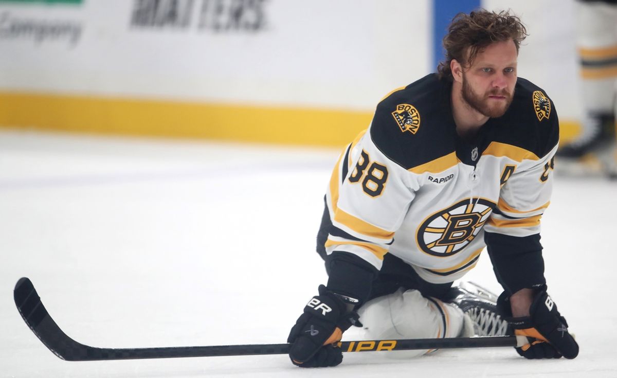 Mar 1, 2025; Pittsburgh, Pennsylvania, USA;  Boston Bruins right wing David Pastrnak (88) warms up against the Pittsburgh Penguins at PPG Paints Arena. Mandatory Credit: Charles LeClaire-Imagn Images