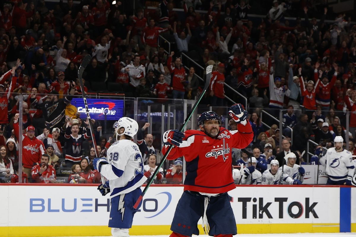 Mar 1, 2025; Washington, District of Columbia, USA; Washington Capitals left wing Alex Ovechkin (8) celebrates after scoring a goal against the Tampa Bay Lightning in the third period at Capital One Arena. Mandatory Credit: Geoff Burke-Imagn Images