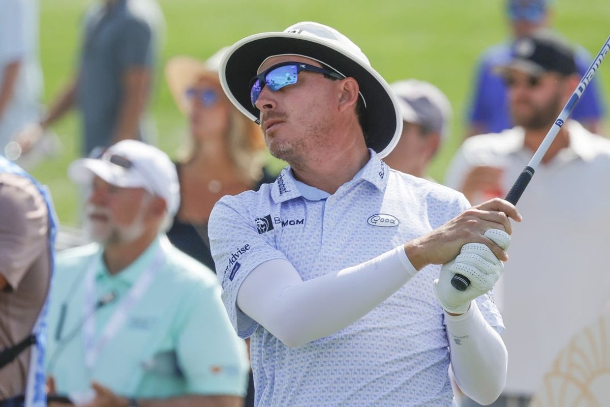 Mar 1, 2025; Palm Beach Gardens, Florida, USA; Joel Dahmen plays his shot from the ninth tee yduring the third round of the Cognizant Classic in The Palm Beaches golf tournament. Mandatory Credit: Reinhold Matay-Imagn Images