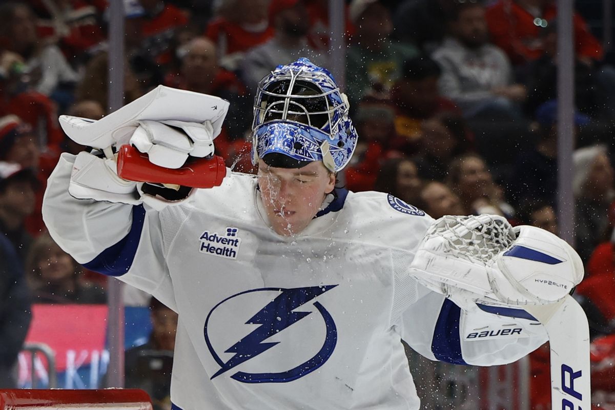Mar 1, 2025; Washington, District of Columbia, USA; Tampa Bay Lightning goaltender Andrei Vasilevskiy (88) squirts his face with water during a timeout against the Washington Capitals in the third period at Capital One Arena. Mandatory Credit: Geoff Burke-Imagn Images