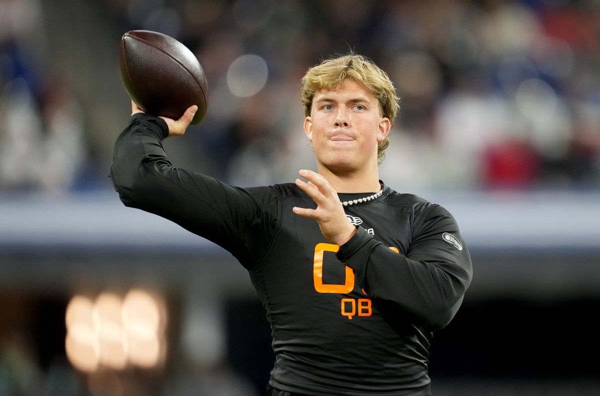 Mar 1, 2025; Indianapolis, IN, USA; Mississippi quarterback Jaxson Dart (QB03) during the 2025 NFL Combine at Lucas Oil Stadium. Mandatory Credit: Kirby Lee-Imagn Images