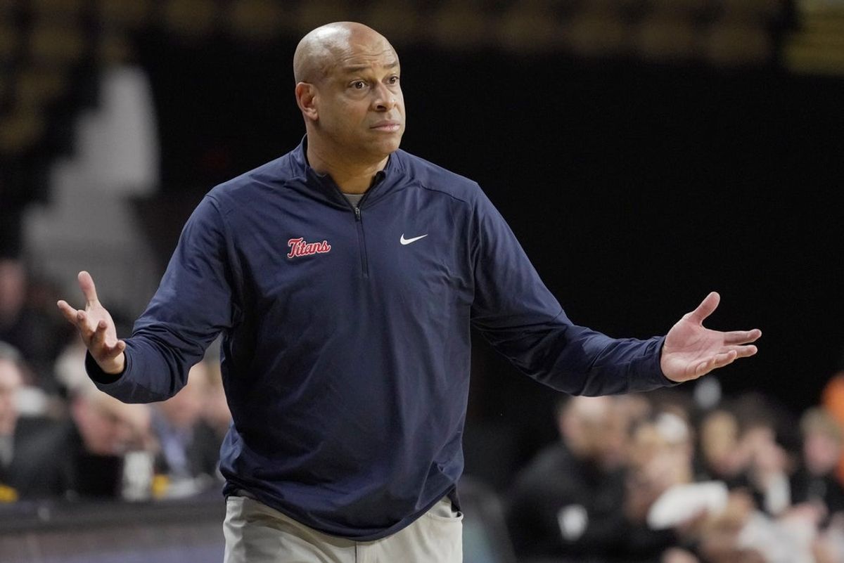 Detroit Mercy head coach Mark Montgomery is shown during the first half of their game against UW-Milwaukee Saturday, March 1, 2025 at UW-Milwaukee Panther Arena in Milwaukee, Wisconsin.