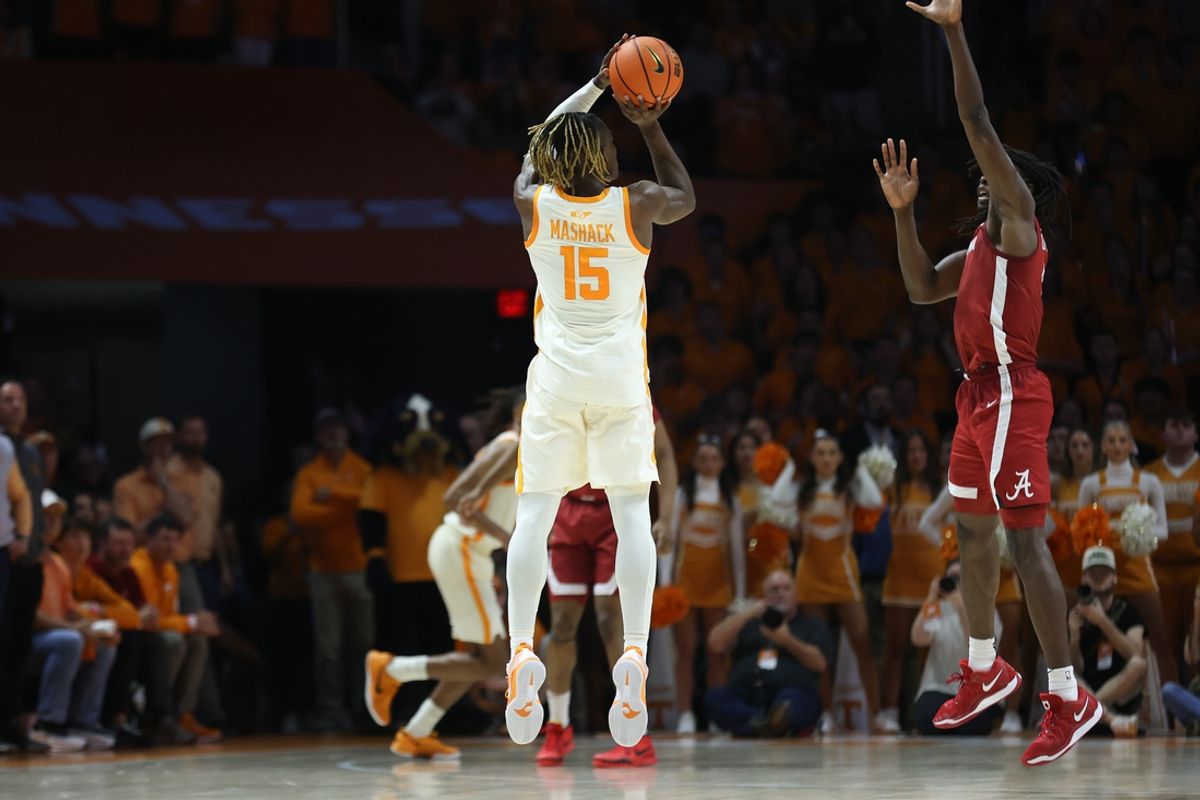 Mar 1, 2025; Knoxville, Tennessee, USA; Tennessee Volunteers guard Jahmai Mashack (15) shoots a game winning three pointer as time expires against the Alabama Crimson Tide at Thompson-Boling Arena at Food City Center. Mandatory Credit: Randy Sartin-Imagn Images