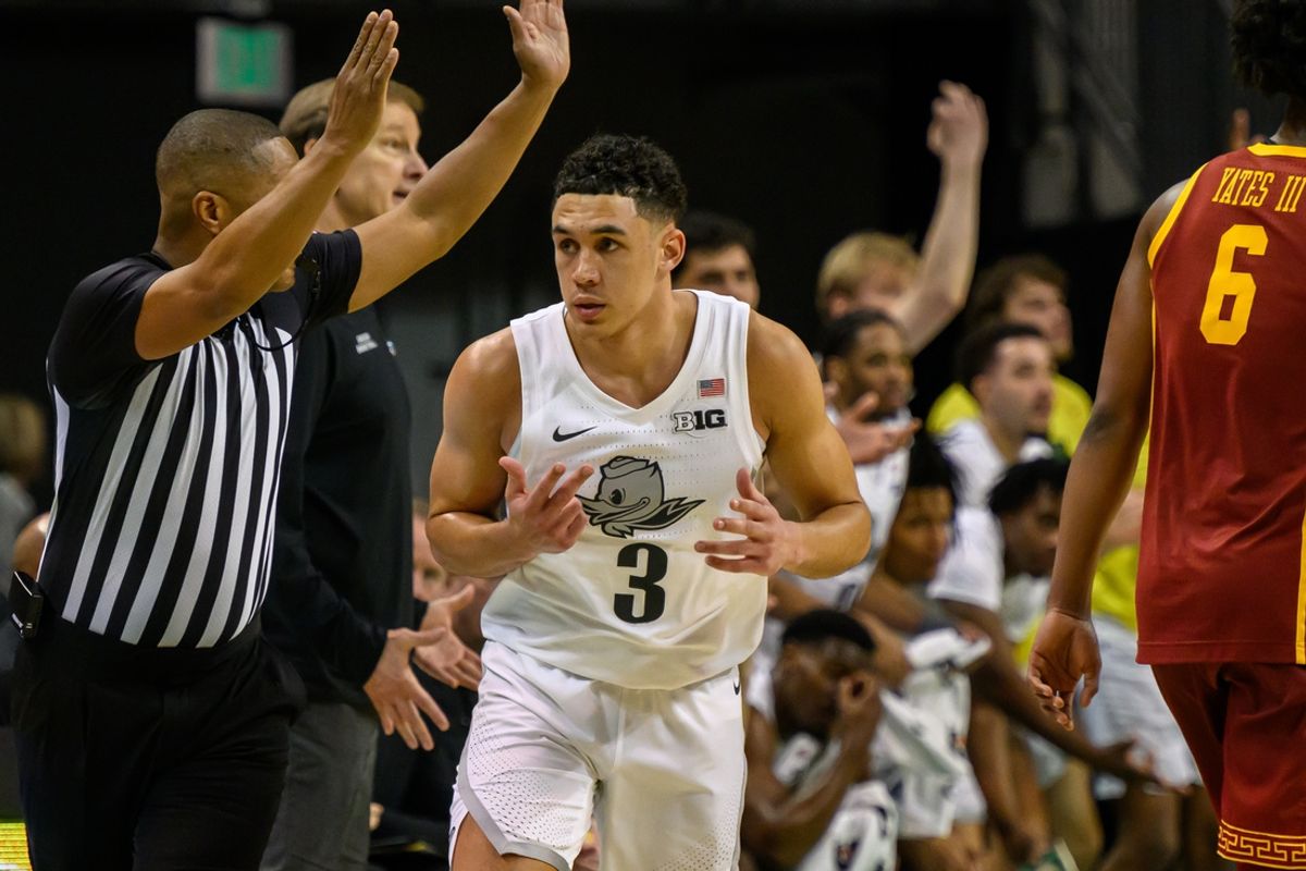 Mar 1, 2025; Eugene, Oregon, USA; Oregon Ducks guard Jackson Shelstad (3) reacts to making a three point basket against the USC Trojans during the second half at Matthew Knight Arena. Mandatory Credit: Craig Strobeck-Imagn Images