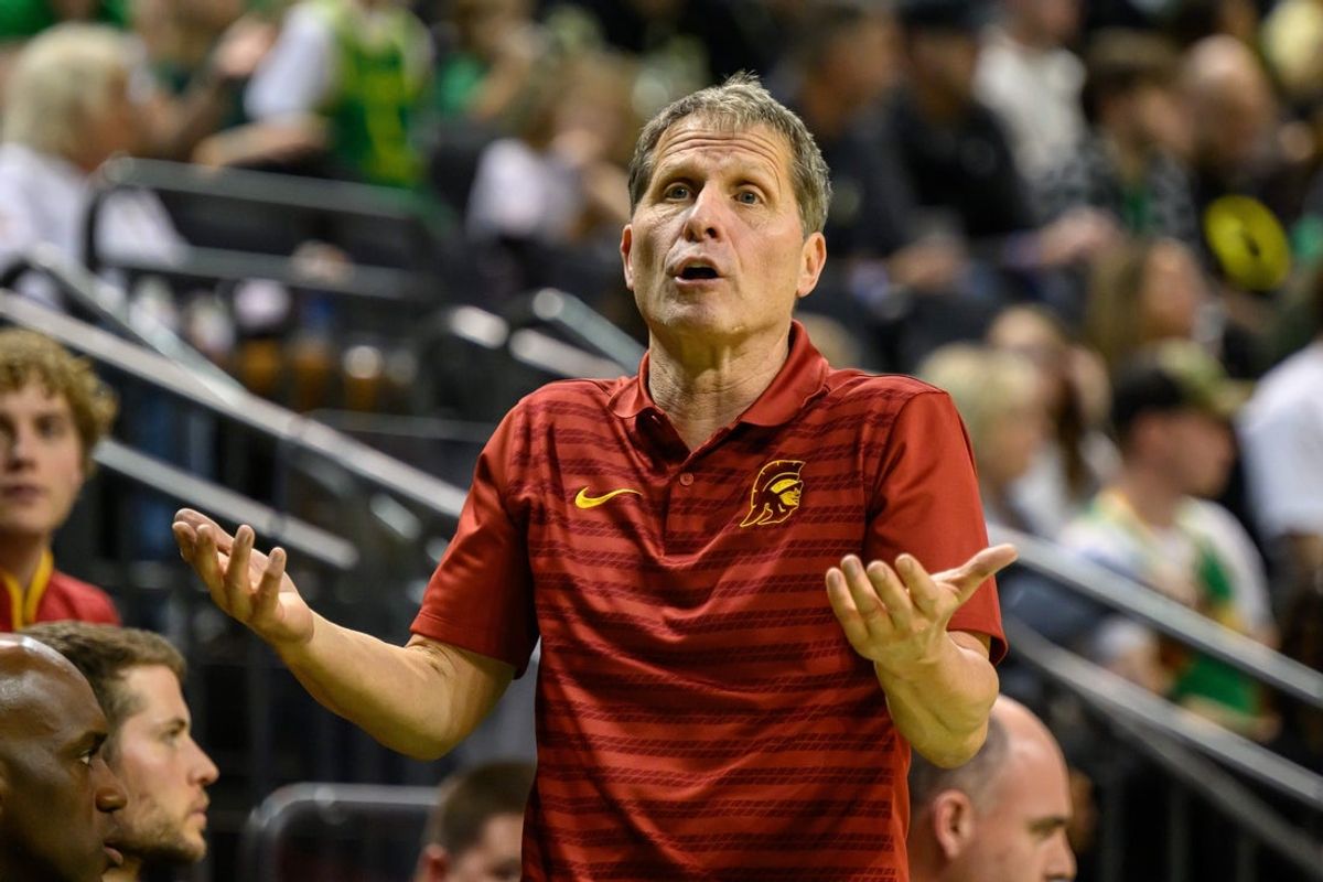 Mar 1, 2025; Eugene, Oregon, USA; USC Trojans head coach Eric Musselman reacts to the action in the second half against the Oregon Ducks at Matthew Knight Arena. Mandatory Credit: Craig Strobeck-Imagn Images