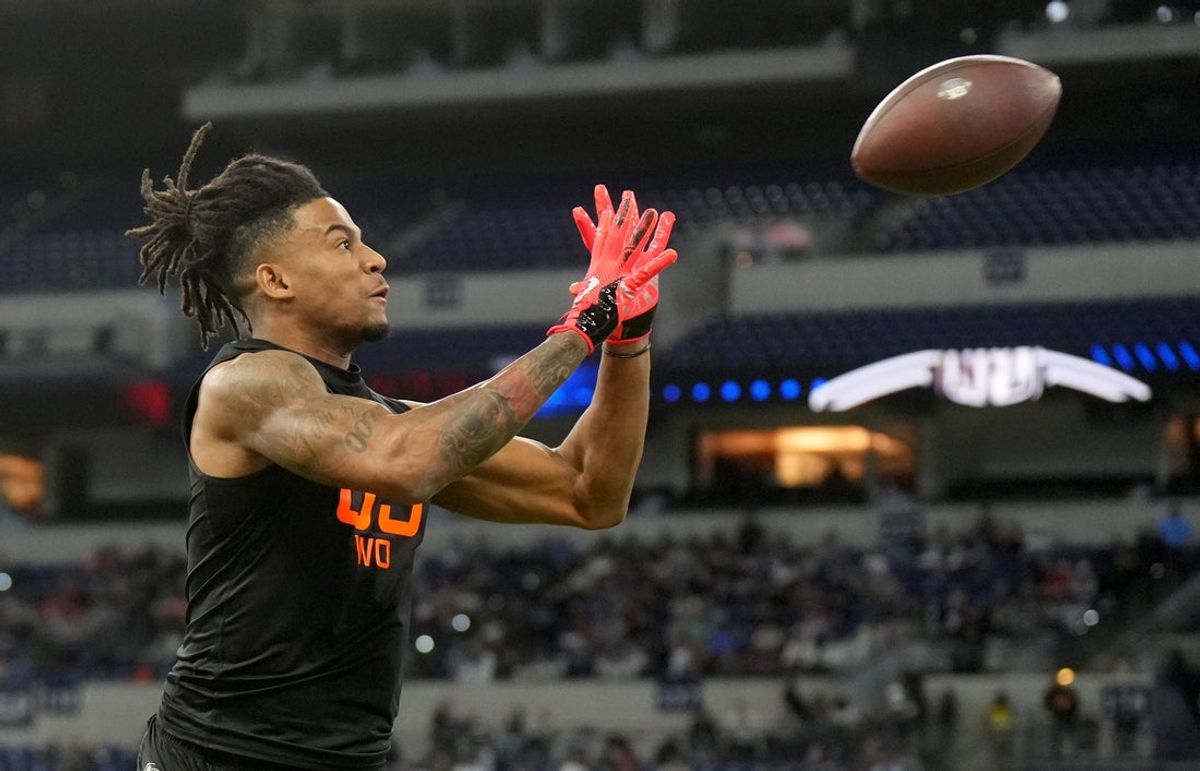 Mar 1, 2025; Indianapolis, IN, USA; Texas wideout Isaiah Bond (WO05) during the 2025 NFL Combine at Lucas Oil Stadium. Mandatory Credit: Kirby Lee-Imagn Images