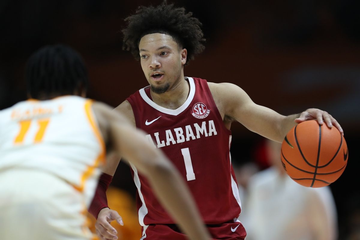 Mar 1, 2025; Knoxville, Tennessee, USA; Alabama Crimson Tide guard Mark Sears (1) brings the ball up court against the Tennessee Volunteers during the second half at Thompson-Boling Arena at Food City Center. Mandatory Credit: Randy Sartin-Imagn Images