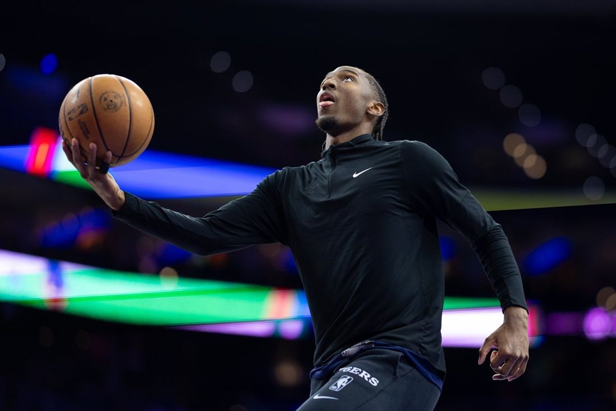 Mar 1, 2025; Philadelphia, Pennsylvania, USA; Philadelphia 76ers guard Tyrese Maxey before action against the Golden State Warriors at Wells Fargo Center. Mandatory Credit: Bill Streicher-Imagn Images