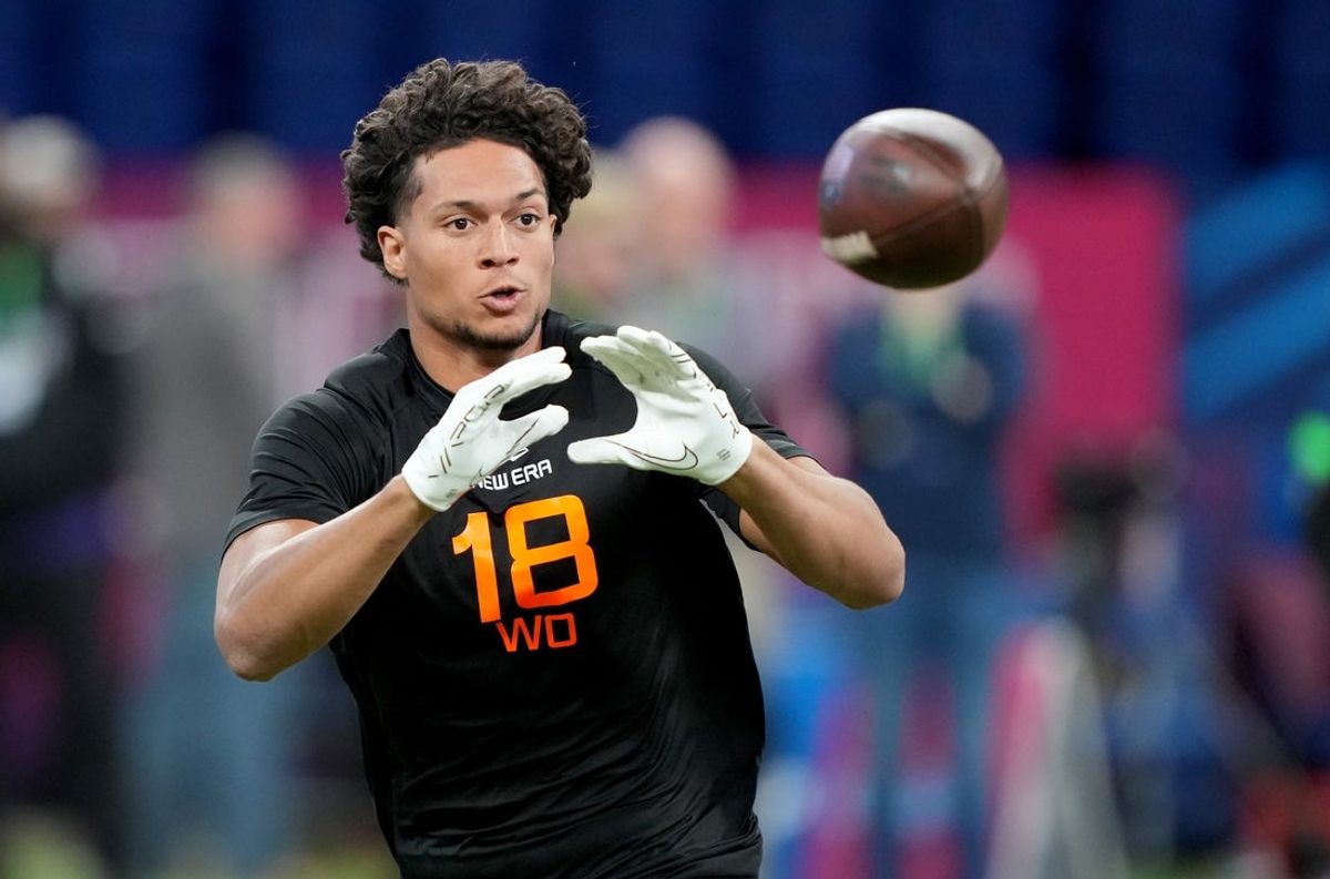 Mar 1, 2025; Indianapolis, IN, USA; Iowa State wideout Jayden Higgins (WO18) during the 2025 NFL Combine at Lucas Oil Stadium. Mandatory Credit: Kirby Lee-Imagn Images