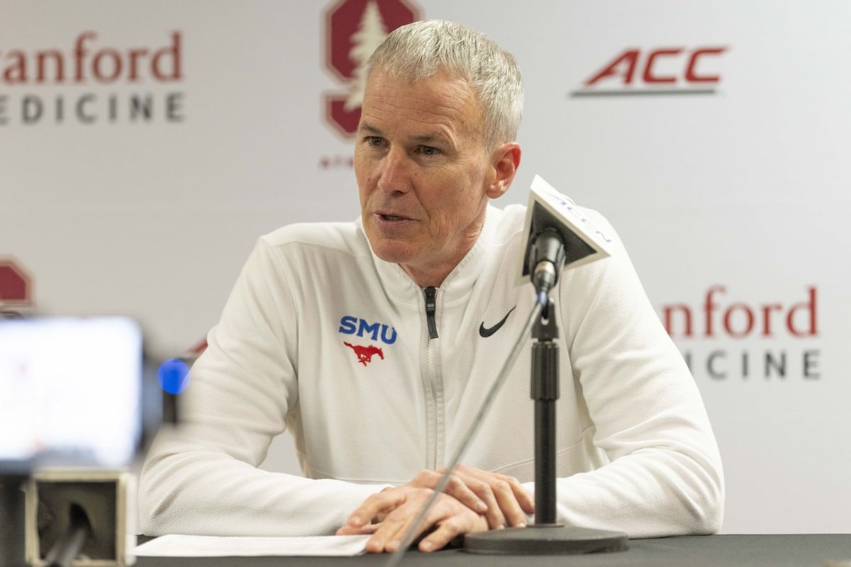 Mar 1, 2025; Stanford, California, USA;  Southern Methodist Mustangs head coach Andy Enfield speaks to the media after the game against the Stanford Cardinal at Maples Pavilion. Mandatory Credit: Stan Szeto-Imagn Images