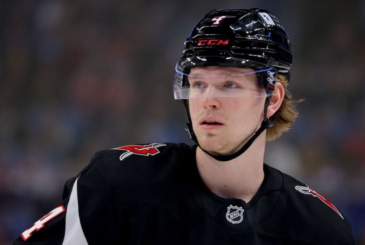 Mar 1, 2025; Buffalo, New York, USA;  Buffalo Sabres defenseman Bowen Byram (4) during a stoppage in play against the Montreal Canadiens at KeyBank Center. Mandatory Credit: Timothy T. Ludwig-Imagn Images