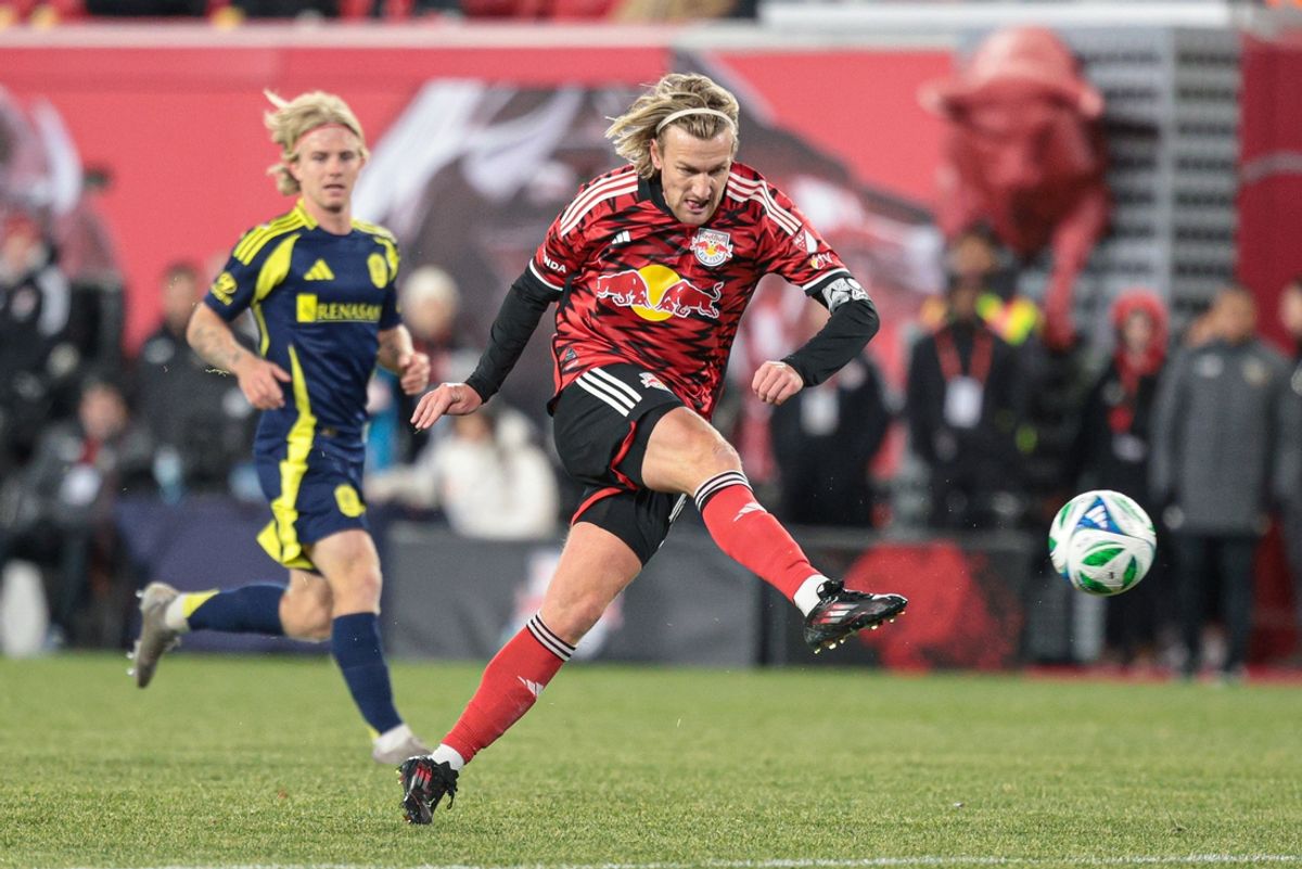 Mar 1, 2025; Harrison, New Jersey, USA; New York Red Bulls midfielder Emil Forsberg (10) kicks the ball during the first half against Nashville SC at Sports Illustrated Stadium. Mandatory Credit: Vincent Carchietta-Imagn Images