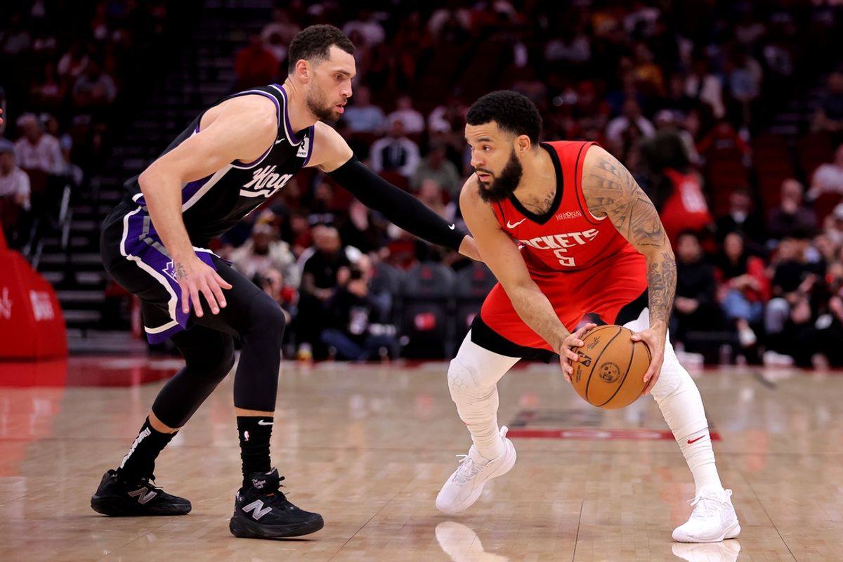 Mar 1, 2025; Houston, Texas, USA; Houston Rockets guard Fred VanVleet (5) handles the ball against Sacramento Kings guard Zach LaVine (8) during the first quarter at Toyota Center. Mandatory Credit: Erik Williams-Imagn Images