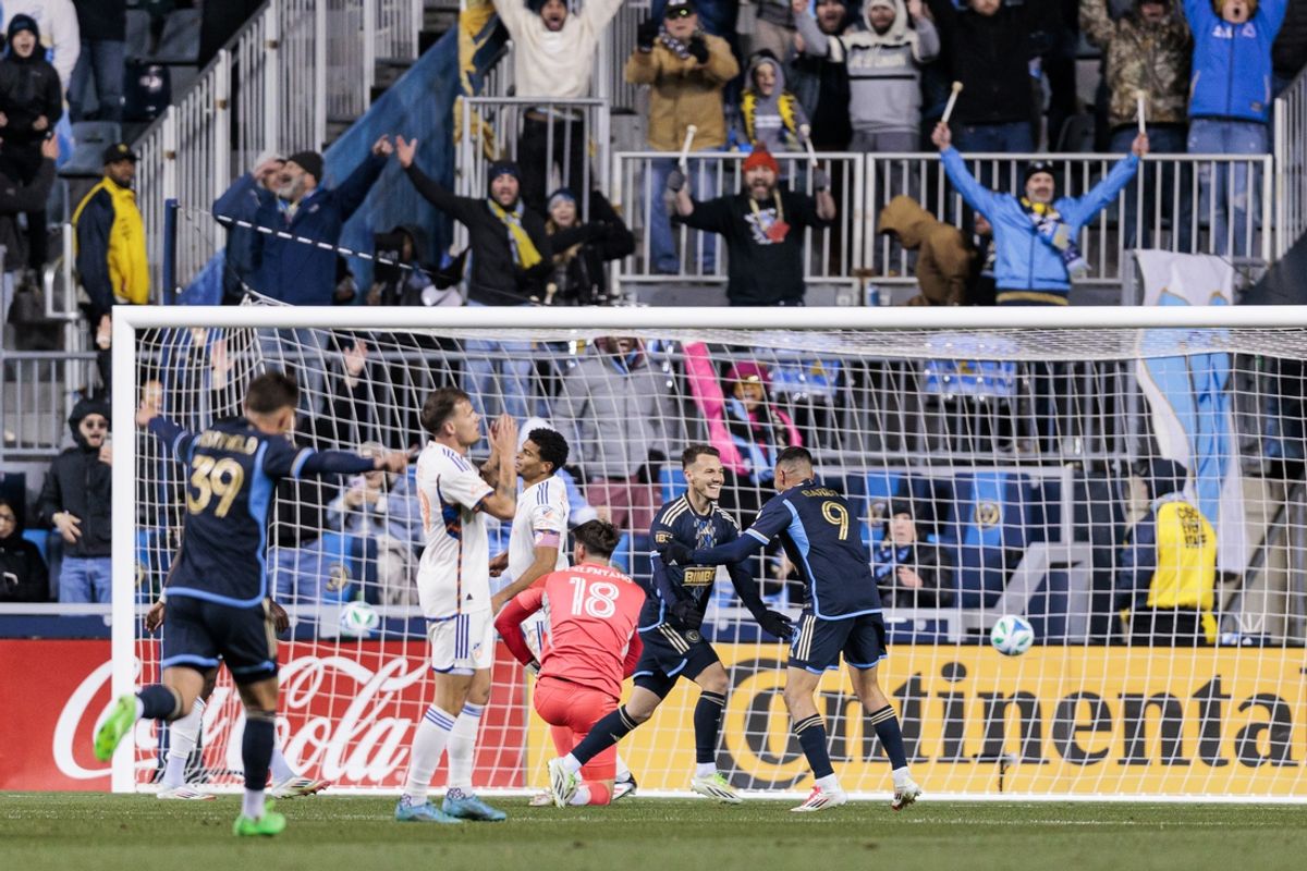 Mar 1, 2025; Chester, Pennsylvania, USA; Philadelphia Union forward Tai Baribo (9) celebrates with midfielder Dániel Gazdag (10) after scoring a goal against the FC Cincinnati during the first half at Subaru Park. Mandatory Credit: Caean Couto-Imagn Images