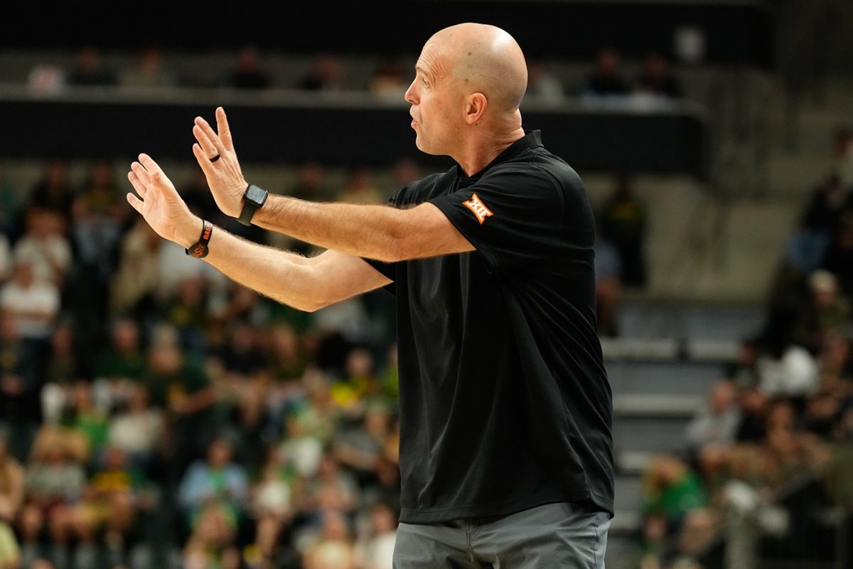Mar 1, 2025; Waco, Texas, USA; Oklahoma State Cowboys head coach Steve Lutz reacts against the Baylor Bears during the first half at Paul and Alejandra Foster Pavilion. Mandatory Credit: Chris Jones-Imagn Images