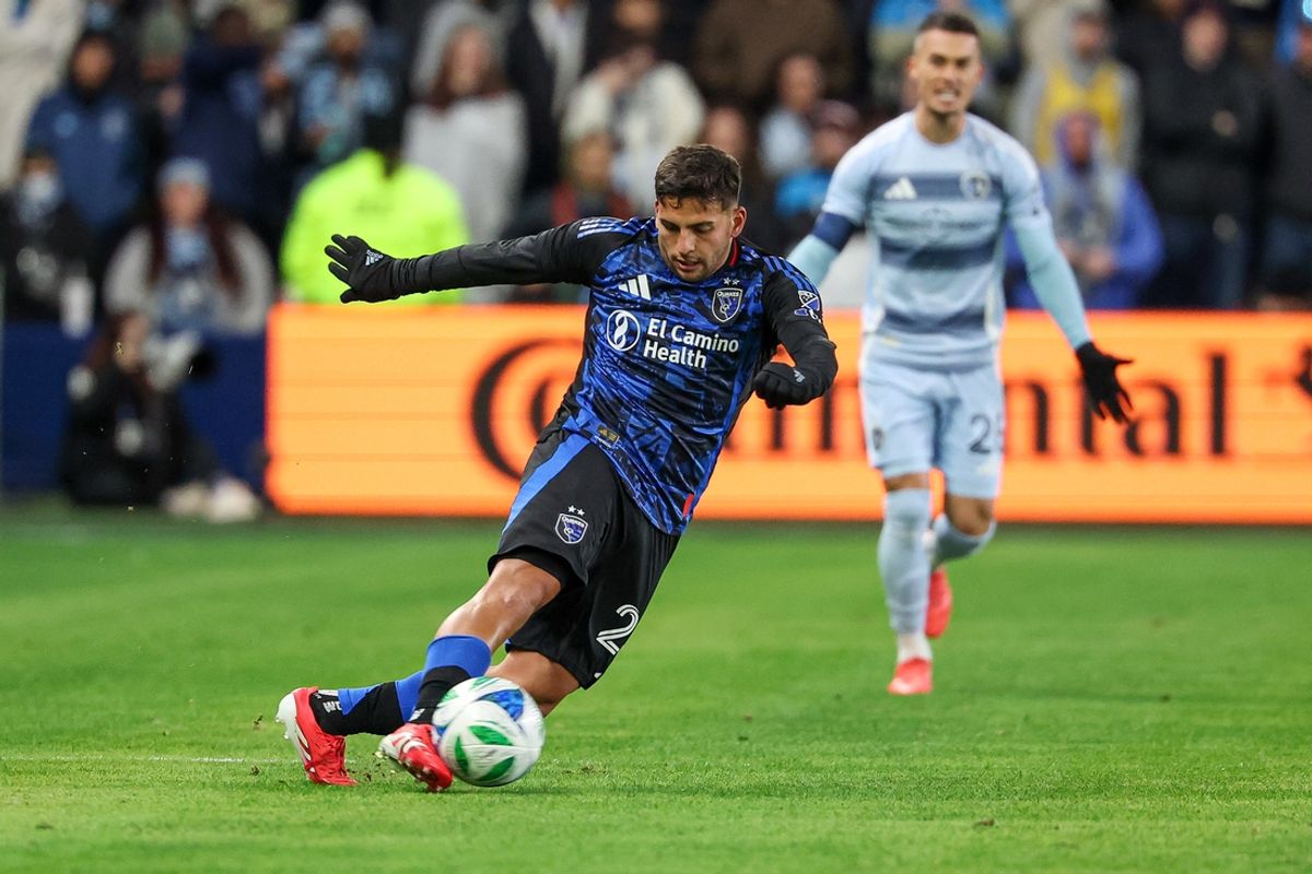 Mar 1, 2025; Kansas City, Kansas, USA;  San Jose Earthquakes midfielder Hernan Lopez (23) passes the ball during the first half against Sporting Kansas City at Children's Mercy Park. Mandatory Credit: Ivan David Smith-Imagn Images