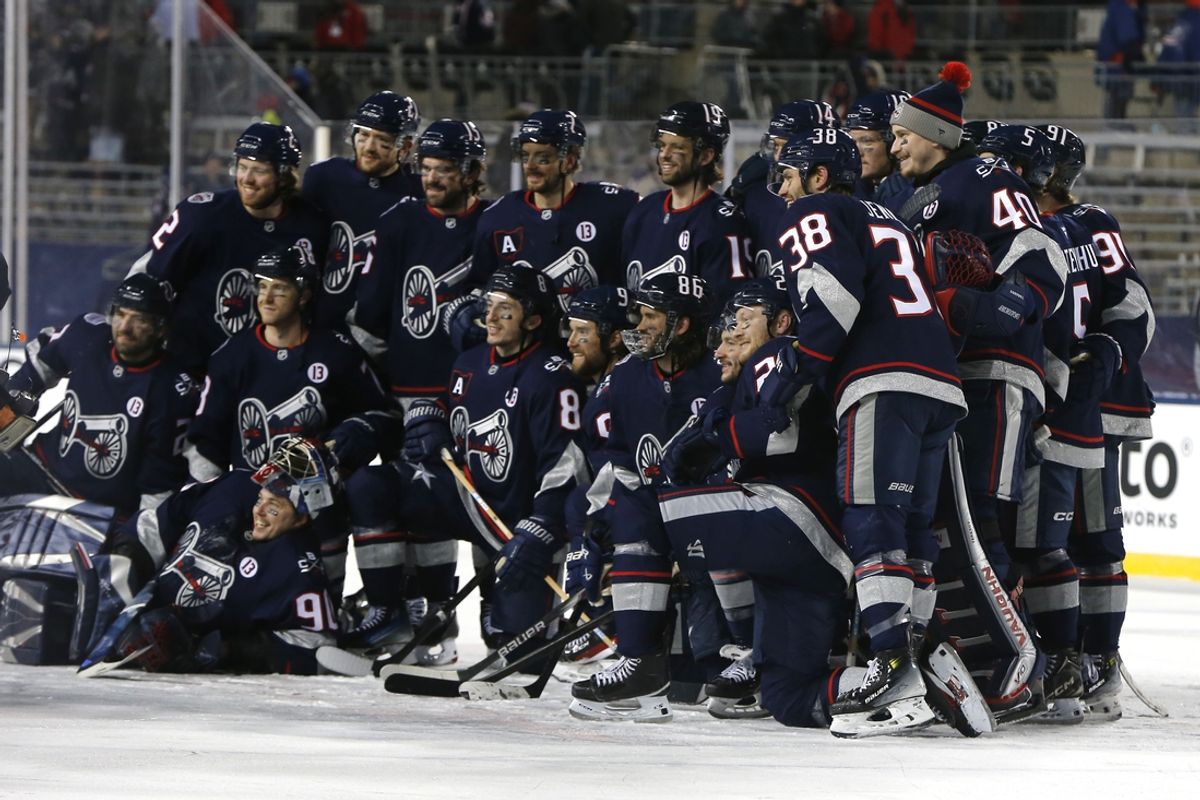 Mar 1, 2025; Columbus, Ohio, USA; The Columbus Blue Jackets pose for a team photo after the game against the Detroit Red Wings at Ohio Stadium. Mandatory Credit: Russell LaBounty-Imagn Images