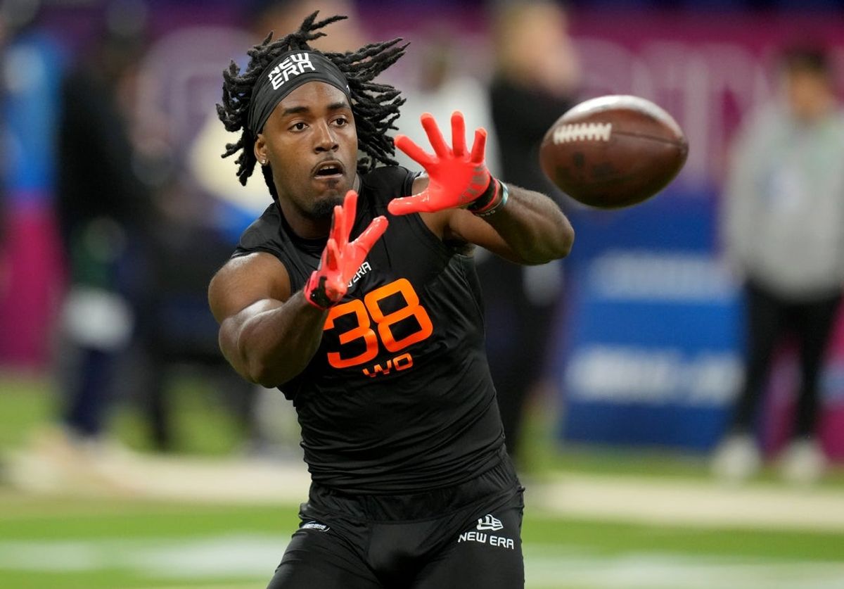 Mar 1, 2025; Indianapolis, IN, USA; Utah State wideout Jalen Royals (WO38) during the 2025 NFL Combine at Lucas Oil Stadium. Mandatory Credit: Kirby Lee-Imagn Images