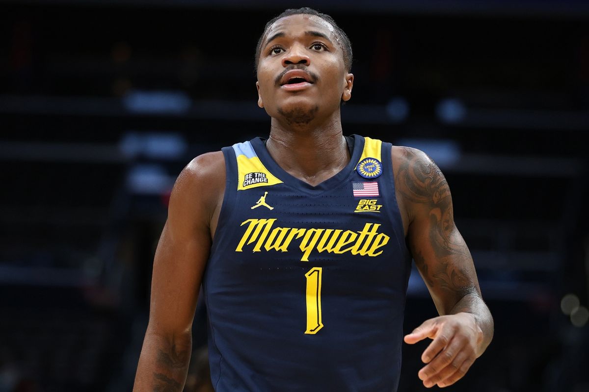 Mar 1, 2025; Washington, District of Columbia, USA; Marquette Golden Eagles guard Kam Jones (1) looks on during the first half against the Georgetown Hoyas at Capital One Arena. Mandatory Credit: Daniel Kucin Jr.-Imagn Images