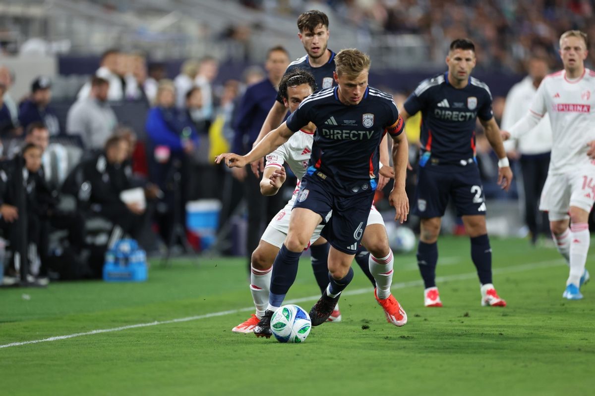 Mar 1, 2025; San Diego, California, USA; San Diego FC midfielder Jeppe Tverskov (6) controls the ball against St. Louis CITY SC forward Simon Becher (11) during the first half Snapdragon Stadium. Mandatory Credit: Abe Arredondo-Imagn Images