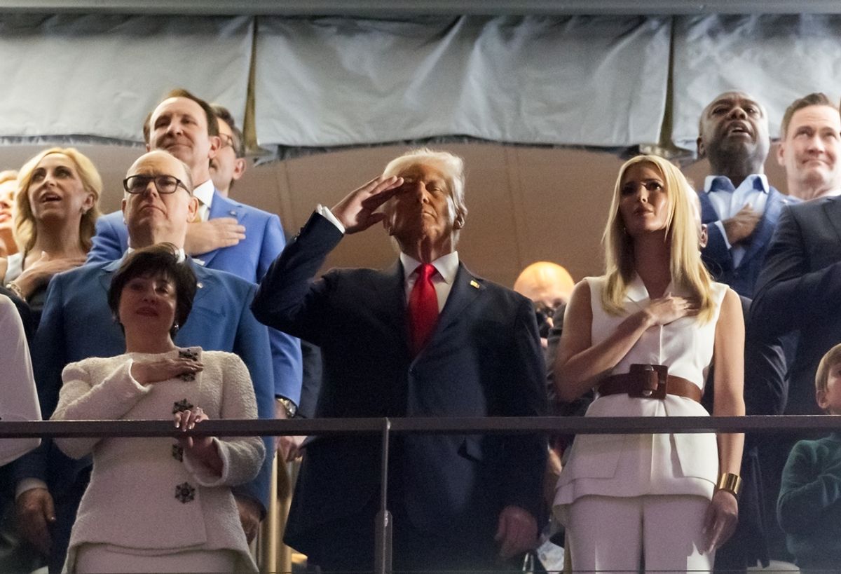 Feb 9, 2025; New Orleans, LA, USA; President Donald Trump (center) salutes alongside daughter Ivanka Trump (right) and New Orleans Saints owner Gayle Benson during the national anthem before Super Bowl LIX between the Philadelphia Eagles and the Kansas City Chiefs at Ceasars Superdome. Mandatory Credit: Mark J. Rebilas-Imagn Images