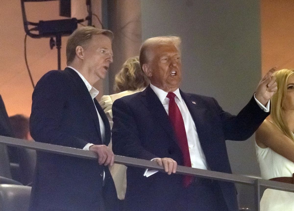 Feb 9, 2025; New Orleans, LA, USA; President Donald Trump talks with NFL commissioner Roger Goodell before Super Bowl LIX between the Philadelphia Eagles and the Kansas City Chiefs at Ceasars Superdome. Mandatory Credit: Mark J. Rebilas-Imagn Images