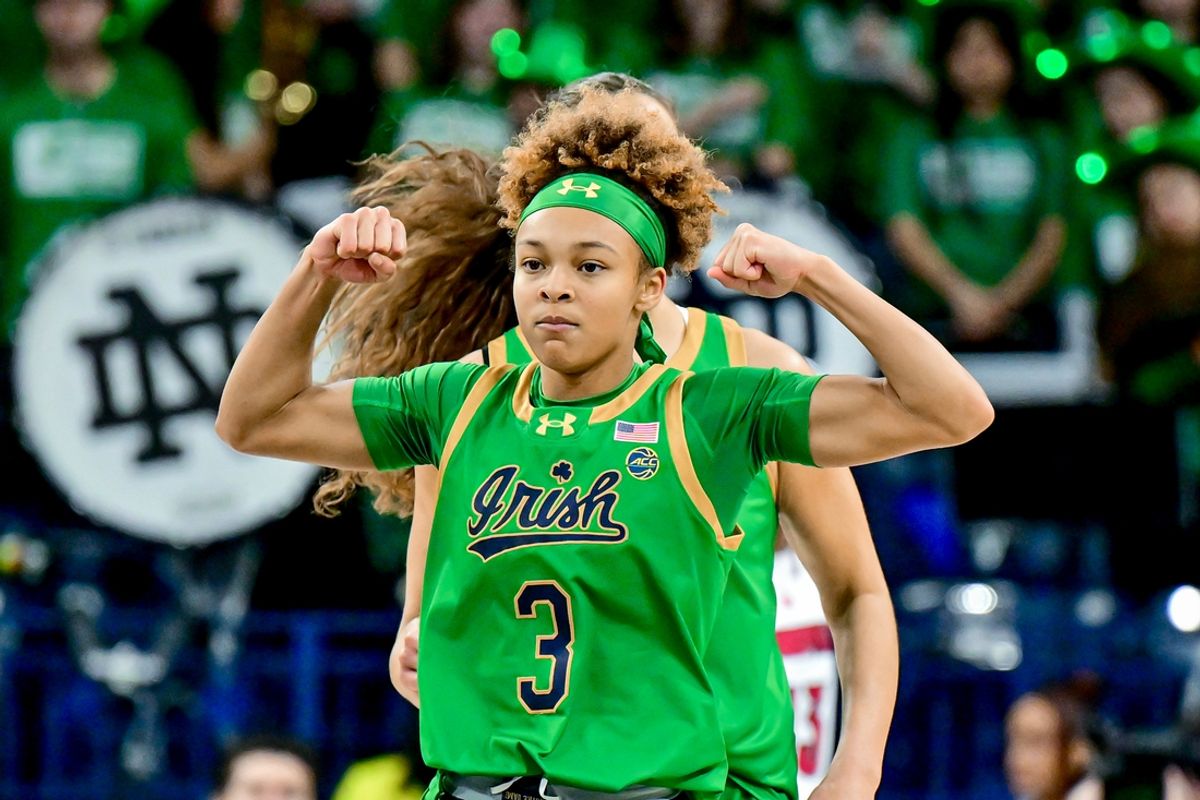 Mar 2, 2025; South Bend, Indiana, USA; Notre Dame Fighting Irish guard Hannah Hidalgo (3) reacts in the first half against the Louisville Cardinals at the Purcell Pavilion. Mandatory Credit: Matt Cashore-Imagn Images