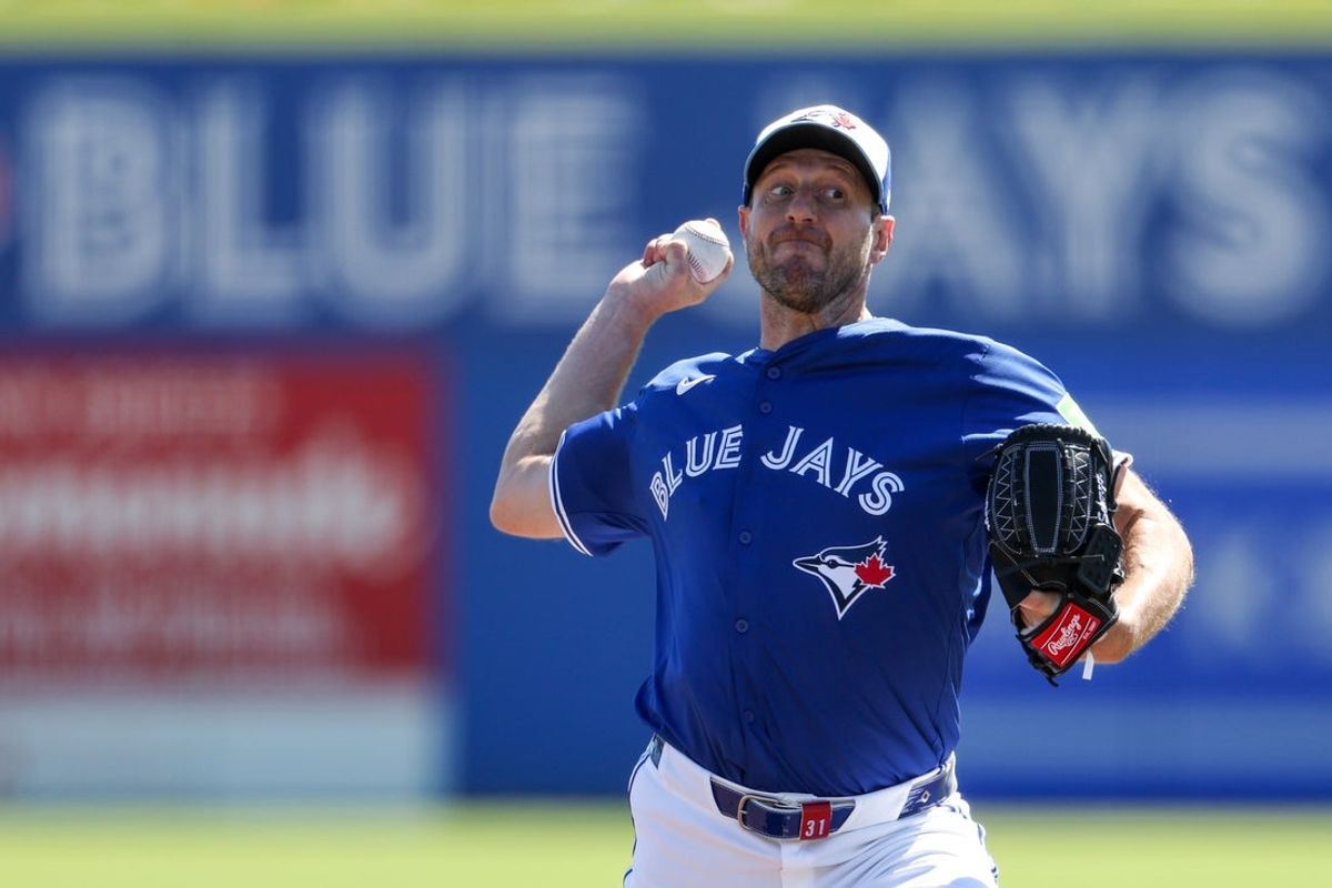Mar 2, 2025; Dunedin, Florida, USA; Toronto Blue Jays pitcher Max Scherzer (31) throws a pitch against the Philadelphia Phillies in the second inning during spring training at TD Ballpark. Mandatory Credit: Nathan Ray Seebeck-Imagn Images