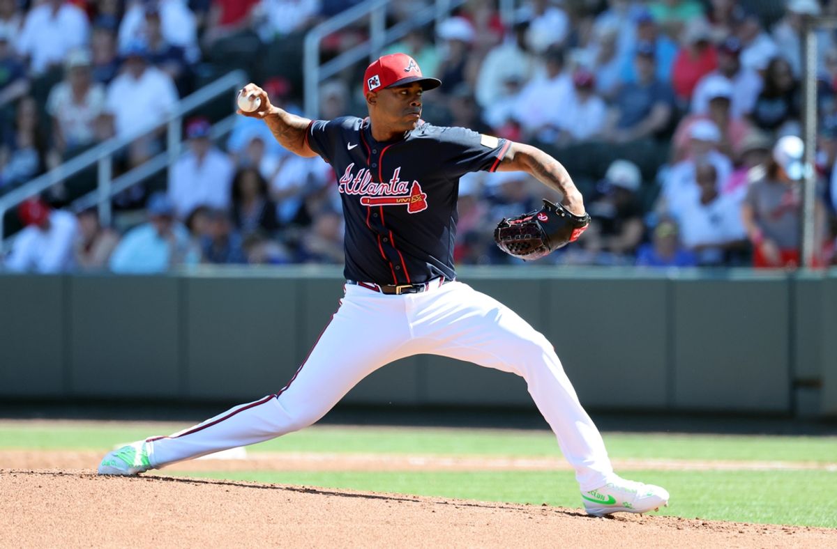 Mar 2, 2025; North Port, Florida, USA;  Atlanta Braves pitcher Raisel Iglesias (26) throws a pitch during the third inning against the New York Yankees at CoolToday Park. Mandatory Credit: Kim Klement Neitzel-Imagn Images